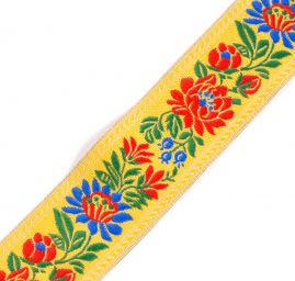 Stuha krojová vyšívaná 3,5cm modrý/červený květ žlutá