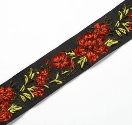 Stuha vyšívaná květy černá/oranžová