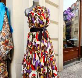 Viskozová šatová látka retro decor fialová