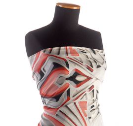 Hedvábný šifon geometrický vzor červenošedobílý