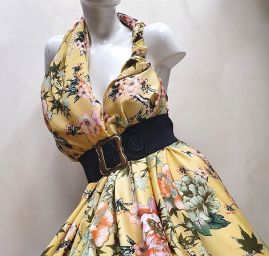 Imitace hedvábí pružný atlas květinový vzor  žlutá