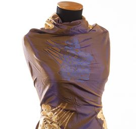 Taft hladký květinový zlatý vzor šanžán fialovo/okrový