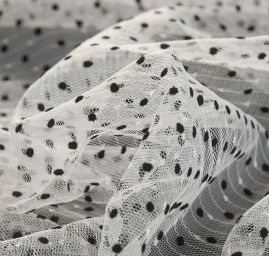 Tyl šatový sametový flock puntík béžovočerný