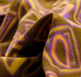 Fleece geometrický vzor kahki oranžovofialová