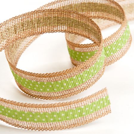 Stuha jutová přírodní/zelený puntík