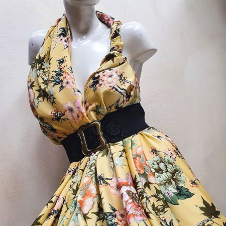 Imitace hedvábí pružný atlas květinový vzor  žlutá