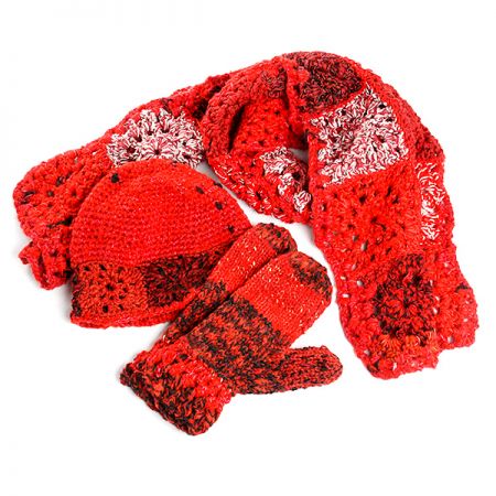 Háčkovaný originální set čepice šála rukavice červená